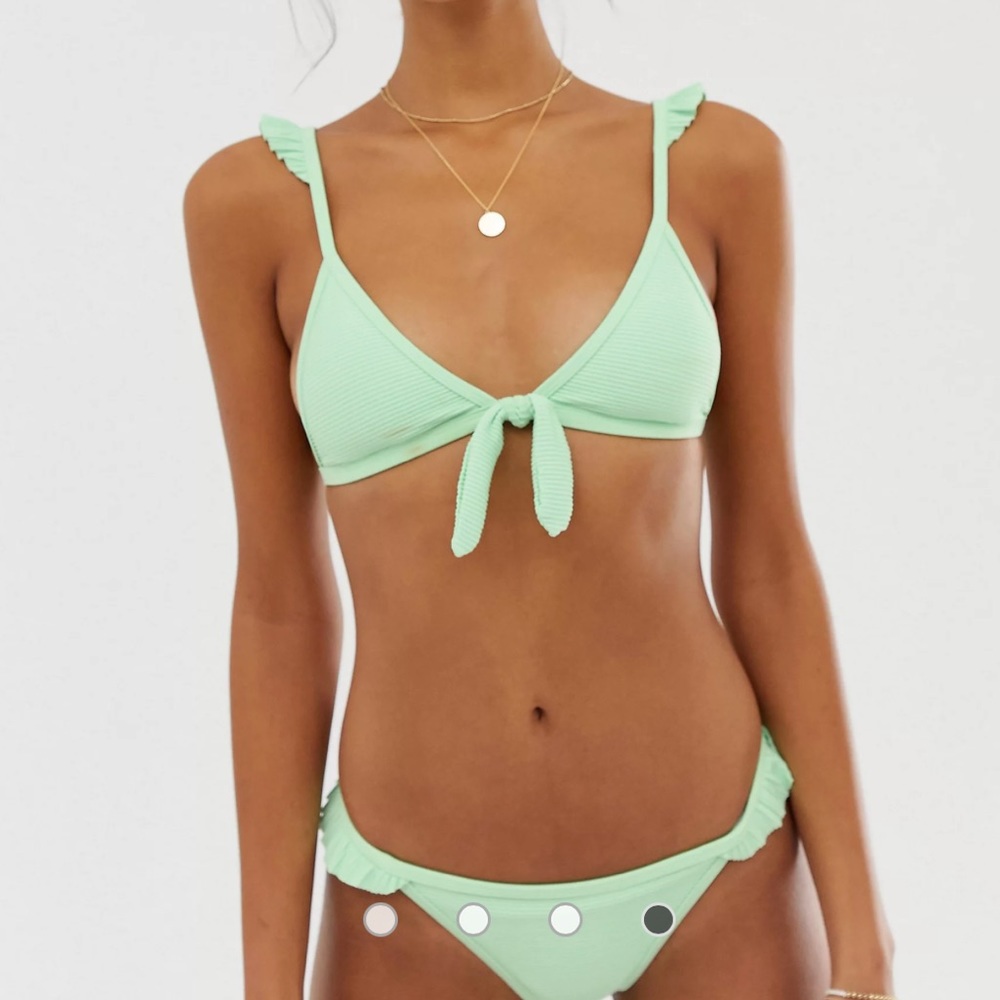 New River Island high leg frilled bikini in green